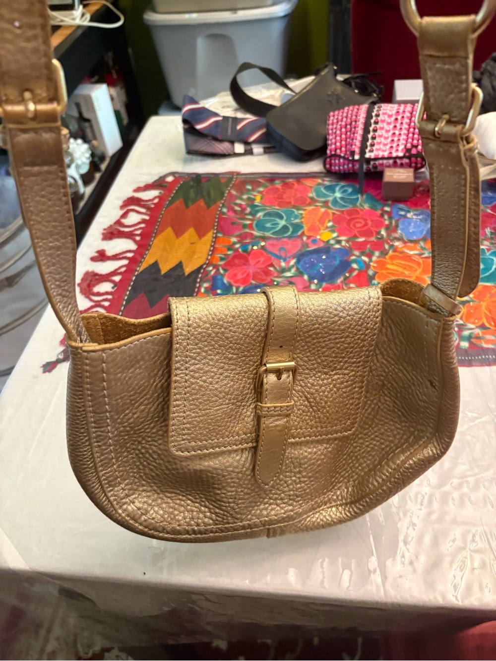 Cole Han Metallic Gold Leather Crossbody Bag with Buckle Detail